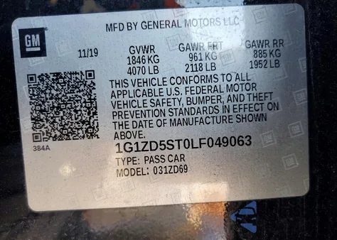 2020 Chevrolet Malibu Lt z USA, uszkodzony, nr VIN 1G1ZD5ST0LF049063